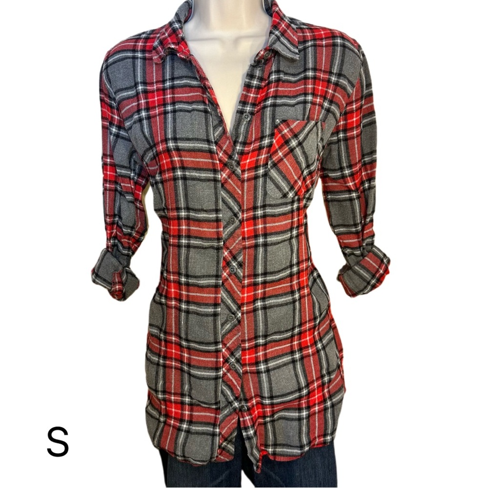Grey and red button down plaid top
